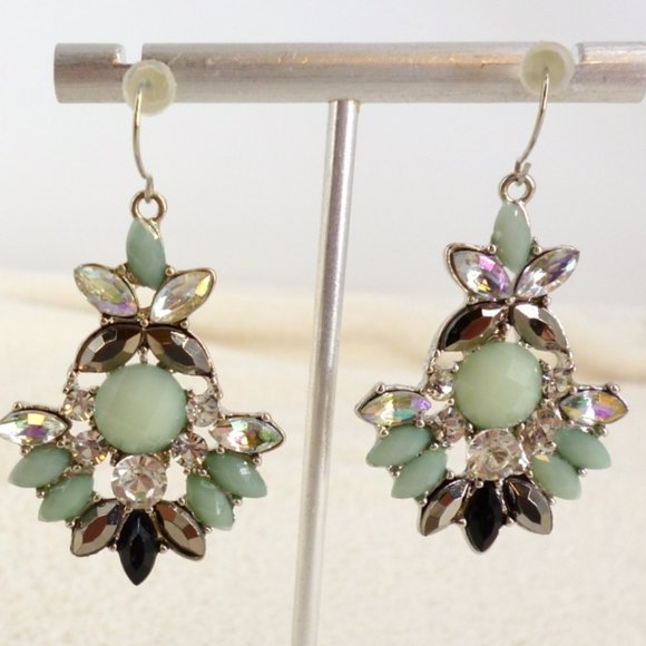 Jewelry - Drop Earrings Navette Crystals Light Green, Black & Aurora Borealis 2.25" NWOT